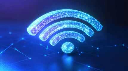 Poster - Glowing Wi-Fi icon radiating network connections against deep black backdrop, symbolizing wireless digital communication and technological connectivity