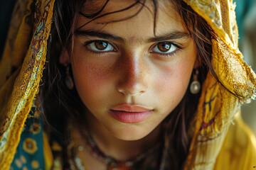 Captivating gaze of a young girl adorned in vibrant traditional attire with intricate details, showcasing the beauty of cultural heritage in a sunlit environment