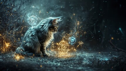 Wall Mural - Magical cat surrounded by glowing lights enchanted forest fantasy art mystical environment dreamlike viewpoint