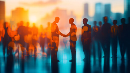 Poster - Two businessmen shaking hands in a crowded city at sunset, symbolizing partnership and success