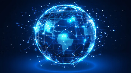 Aufkleber - Futuristic digital world globe rotating and showing network connections and data exchange on blue background
