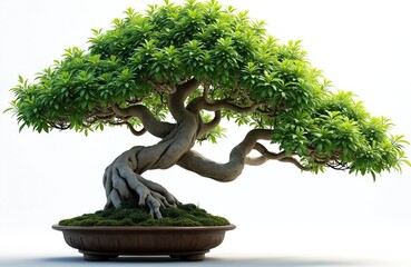 bonsai tree features twisted trunk, green foliage. miniature plant in pot, decorative natural zen ar
