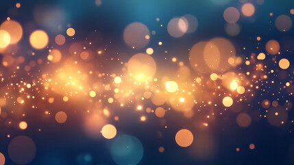 Poster - Abstract background with golden particles floating and glowing over a dark blue backdrop, creating a magical and festive atmosphere