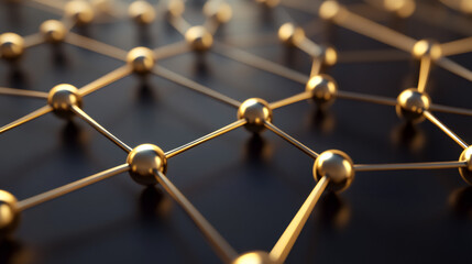 Aufkleber - Interconnected golden nodes forming a complex network on a dark background, symbolizing global communication, data flow, and technological advancements