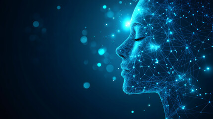 Aufkleber - Polygonal woman face with glowing dots and lines representing artificial intelligence, machine learning and deep learning