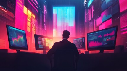 Wall Mural - Man analyzing data on multiple screens in a futuristic control room.