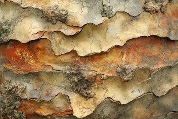 Aufkleber - Abstract texture of tree bark with cracked, peeling layers in earthy tones of beige, brown, and gray.
