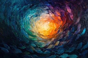 Wall Mural - A swirling mass of colorful fish moves towards a radiant, golden light at the ocean's depths.