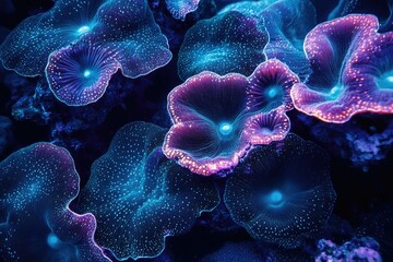 Wall Mural - Vibrant bioluminescent coral polyps illuminate the ocean depths with their intricate, glowing structures.