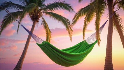 Wall Mural - Tropical beach hammock between palm trees by the ocean