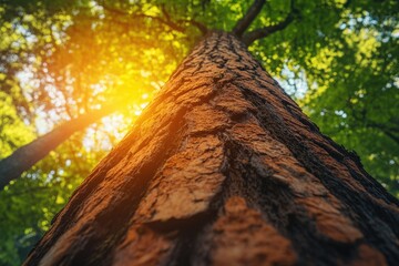 Wall Mural - sunlight streams through lush green canopy onto a textured tree trunk, a breathtaking scene of natur