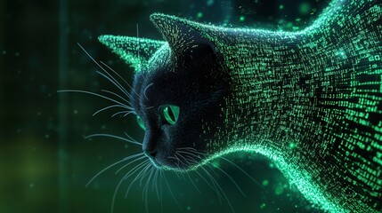 Quantum Computing Algorithms A digital cat composed of glowing green particles against a dark background.