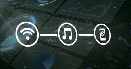 Wall Mural - image of media icons and shapes over data processing
