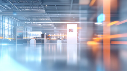 Poster - Blurred modern futuristic empty hall with interactive displays showing data visualization and orange lights trails