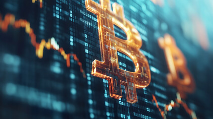 Poster - Glowing bitcoin symbol amid shifting financial graphs, highlighting volatile cryptocurrency landscape and digital monetary evolution