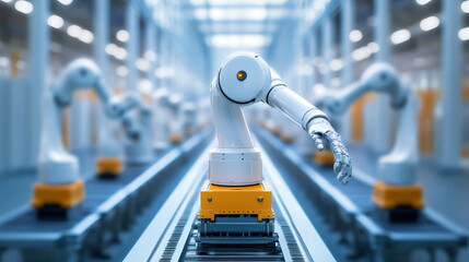 Aufkleber - Modern robotic arm operating seamlessly on an automated assembly line within a cutting-edge smart factory, enhancing efficiency and productivity
