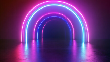 Aufkleber - Glowing neon arches creating luminous tunnel, pink and blue light piercing dark architectural environment