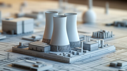 Scale model of a nuclear power plant lying on top of its blueprint, focusing on the cooling towers