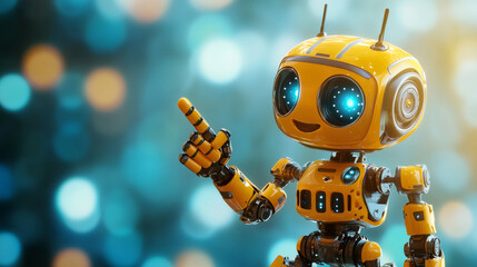 Aufkleber - Friendly yellow robot pointing finger leftward against blurred bokeh background