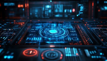 Futuristic control panel, data streams, tech background, digital interface
