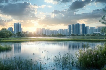 Wall Mural - Urban skyline reflects in tranquil water at sunset in a serene city park area