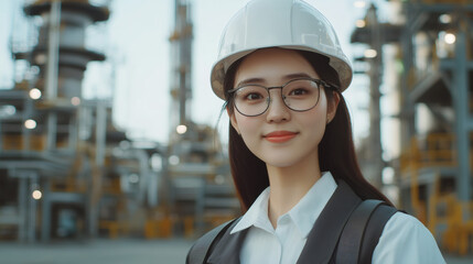 Aufkleber - Female engineer wearing white safety helmet, smiling confidently at industrial refinery site