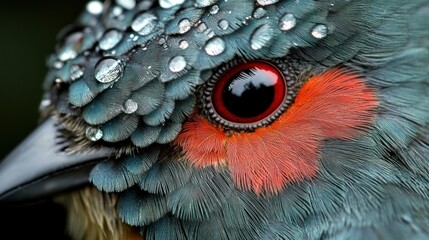 Wall Mural - Close-up of a wet bird's head with vibrant eye and plumage, in a nature setting. Possible use Nature photography, education, or wildlife article