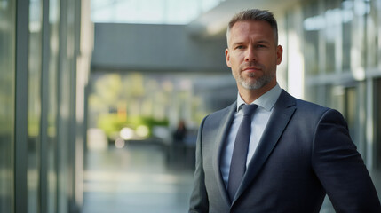 Wall Mural - Successful mature executive in suit posing in lobby of corporate building, representing business leadership and success