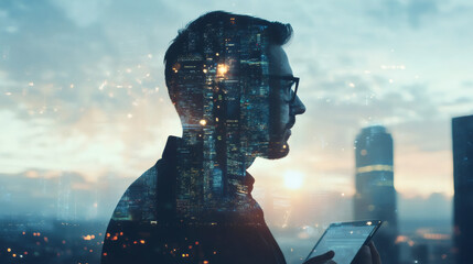 Poster - Businessman using tablet with double exposure effect of city skyline at sunset, concept of smart working and technology