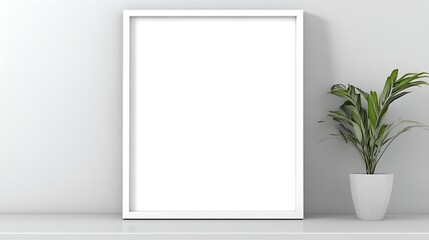 Poster - Blank white frame on minimalist shelf in an empty space, ideal for showcasing art or decorative elements.