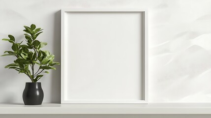 Poster - A minimalist shelf with a blank white frame, designed for empty space aesthetics in interior decor.