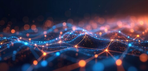Shiny background with blue, orange glowing lines. Generative AI wallpaper. Futuristic mesh net design. Digital tech wavy texture, science colorful communication modern dynamic creative technology