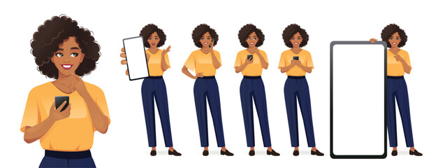 Business African American woman with afro hairstyle holding mobile phone, talking, texting, thinking and showing empty screen. Isolated vector illustration set