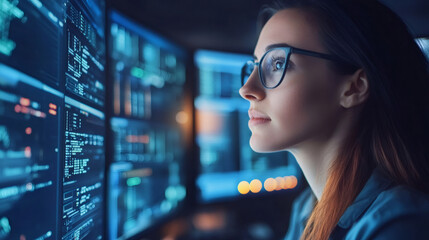 Aufkleber - Young female software engineer looking at multiple computer screens showing lines of code in a dark office at night