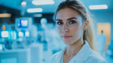 Poster - Serious female physician standing in advanced medical laboratory, colleagues working near complex futuristic diagnostic equipment
