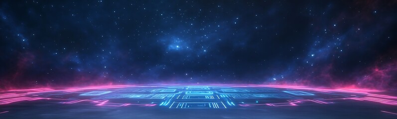 Fototapete - A vibrant digital cartoon world featuring floating holographic elements.