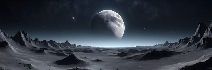 lunar landscape: an expansive panoramic view of a desolate lunar surface under a dramatic night sky,