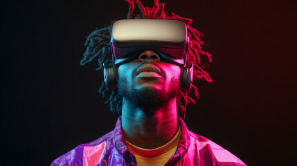 Aufkleber - Virtual reality user navigating digital landscape, bathed in vibrant neon glow