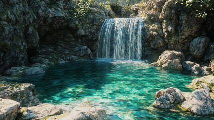 Wall Mural - stunning waterfall cascading into crystal clear pool surrounded by rocks and lush greenery