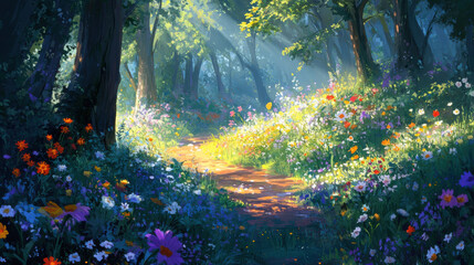 Wall Mural - sunlit clearing in dense forest filled with wildflowers, creating serene and vibrant atmosphere