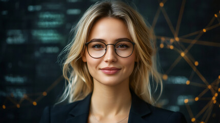 Poster - Portrait of a young businesswoman wearing eyeglasses, with an innovative digital background representing big data and artificial intelligence