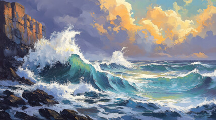 Wall Mural - vibrant ocean scene with crashing waves against rocky cliffs, showcasing beauty of nature power and serenity