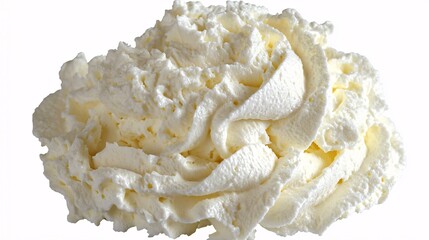 fluffy, airy swirl of whipped cream isolated against a white background, showing off its texture and ideal for use in sweet and savory recipes. fluffy swirl, whipped cream, airy texture, white 
