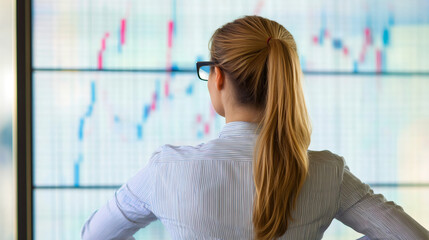 Poster - Businesswoman looking at financial data on a digital screen, analyzing market trends and investment opportunities