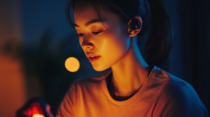 Asian young female with earbuds in soft evening light