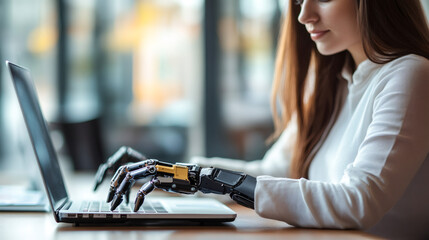 Leinwandbilder - Female professional working with high-tech prosthetic arm, typing on laptop and demonstrating innovative workplace technology