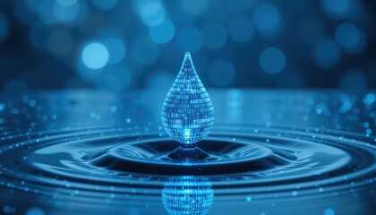 Digital Water Drop with Binary Code in Blue Tone for Technology Theme