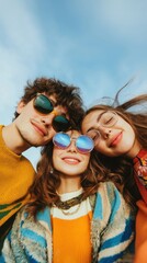 Wall Mural - Three young friends huddle close,  smiling under a bright blue sky.