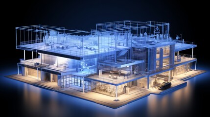 Wall Mural - vision of architecture of a 3d model house project with blueprint