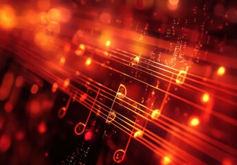 Leinwandbilder - A glowing red musical note pattern with blurred notes in the background, creating an abstract and vibrant music-themed wallpaper.